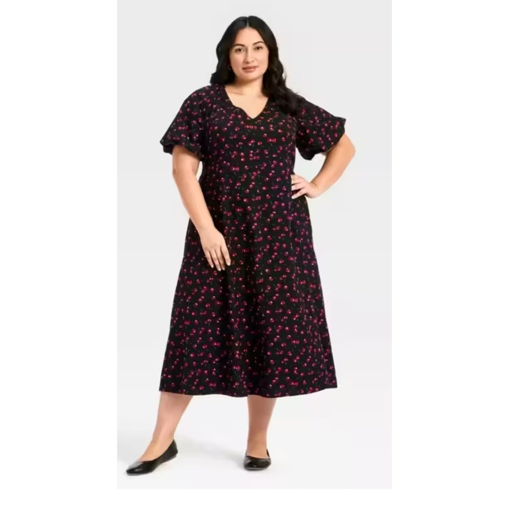 Ava & Viv Black Cherry Print Midi Empire Waist Dress V-Neck Puff Sleeve XXL
